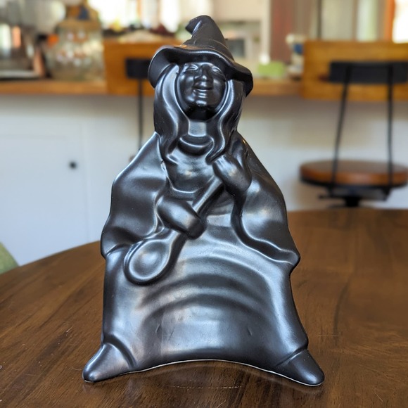 Vintage Witch w Spoon Matte Black Ceramic for Halloween Cauldron/Candy Dish - Picture 3 of 13